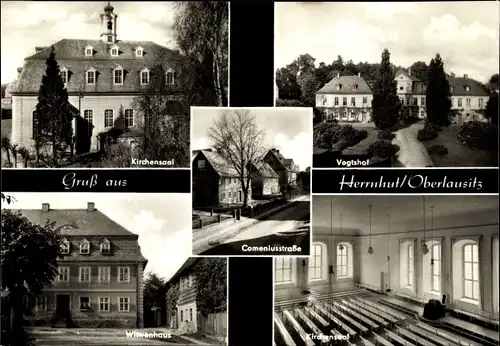 Ak Herrnhut in Sachsen, Kirchensaal, Vogtshof, Witwenhaus, Kirchensaal
