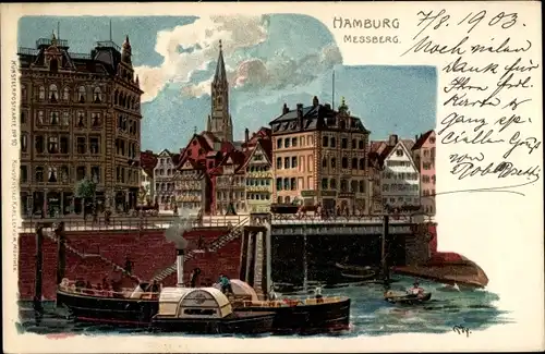 Künstler Litho Ply, Hamburg Mitte Altstadt, Messberg, Dampfboot, Kirche, Häuserpartie