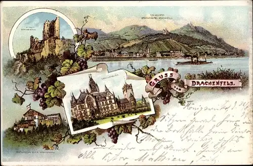 Litho Königswinter am Rhein, Drachenfels, Restauration, Drachenburg, Ruine