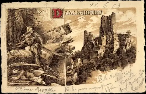 Litho Königswinter am Rhein, Drachenfels, Drachentöter, Ritter