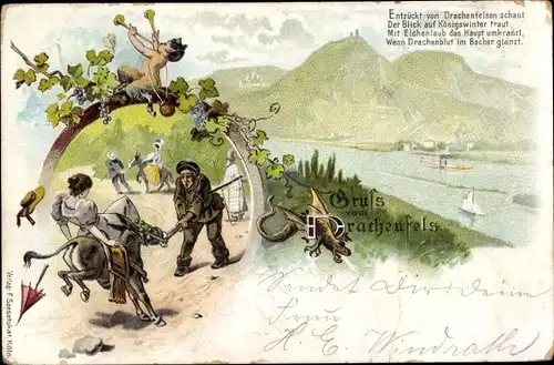 Litho Königswinter am Rhein, Drachenfels, störrischer Esel; Drache, Weinranken