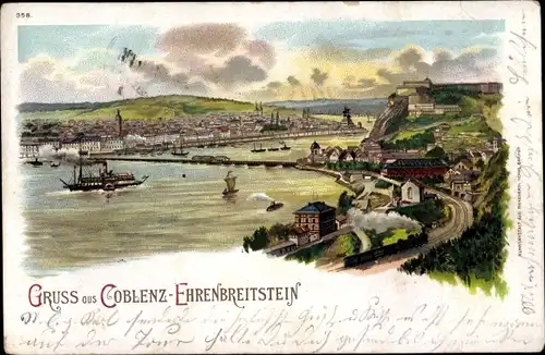 Litho Ehrenbreitstein Koblenz am Rhein, Stadtansicht