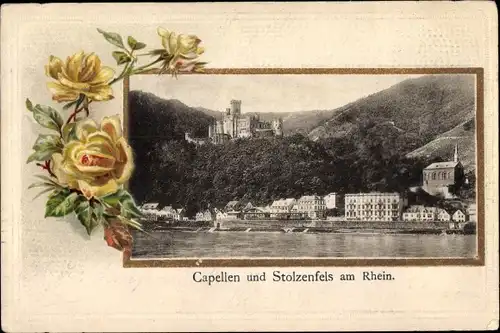 Präge Passepartout Ak Kapellen Stolzenfels Koblenz am Rhein, Blick auf den Ort, Burg