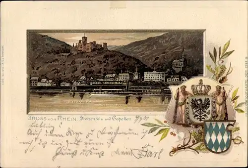 Präge Wappen Passepartout Litho Kapellen Stolzenfels Koblenz, Blick auf den Ort, Burg