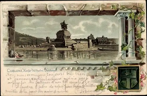 Präge Passepartout Litho Koblenz am Rhein, Kaiser Wilhelm Denkmal, Deutsches Eck