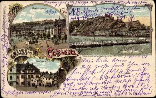 Litho Koblenz am Rhein, Ehrenbreitstein, Festung, Schiffbrücke, Kaufhaus, Goebenplatz