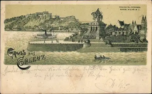 Litho Koblenz am Rhein, Deutsches Eck, Kaiser Wilhelm Denkmal