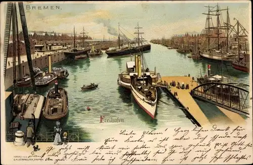 Litho Hansestadt Bremen, Freihafen, Segelschiff, Dampfer