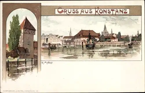 Künstler Litho Mutter, K., Konstanz am Bodensee, Stadtansicht, Turm