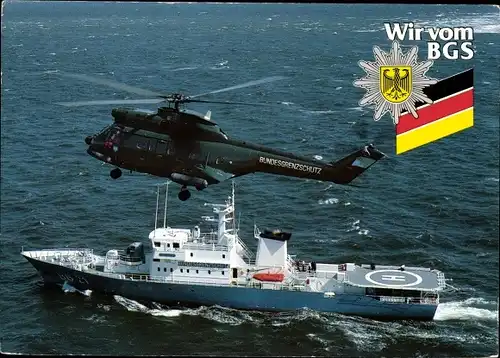 Ak Bundesgrenzschutz, Schiff mit Hubschrauberlandeplatz, Hubschrauber