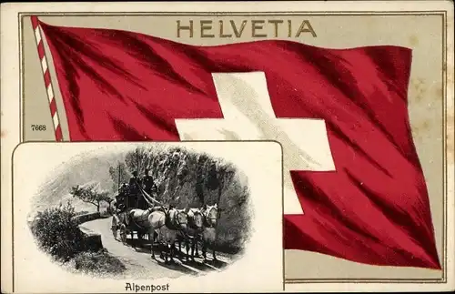 Ak Schweizerische Fahne, Alpenpost, Postkutsche, Pferde