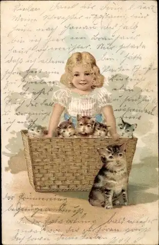 Präge Litho Mädchen mit Katzen in einem Korb