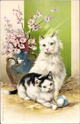 Litho Zwei Hauskatzen beim Spielen, Katzenkinder, Ball