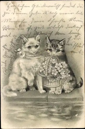Präge Litho Zwei Katzen mit einem Blumenkorb