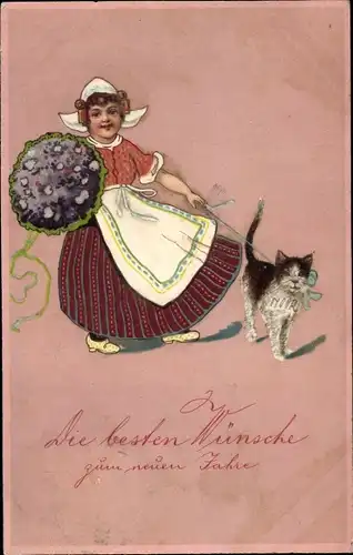 Präge Litho Glückwunsch Neujahr, Frau in niederländischer Tracht mit Katze