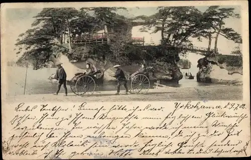 Ak Japanerinnen in Rikschas, Landschaft