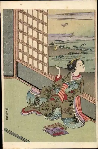 Künstler Ak Japanerin im Kimono am geöffneten Fenster