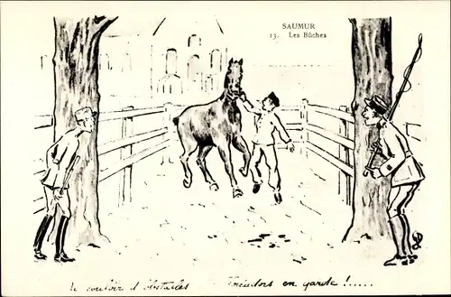 Künstler Ak Saumur Maine et Loire, Les Buches, Französische Soldaten, Pferd
