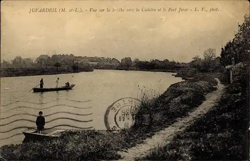 Ak Juvardeil sur Sarthe Maine-et-Loire, Vue sur la Sarthe vers la Cadiere et le Port Joret