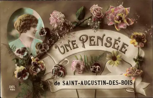 Ak Saint Augustin des Bois Maine-et-Loire, Rosen, Stiefmütterchen, Frauenportrait