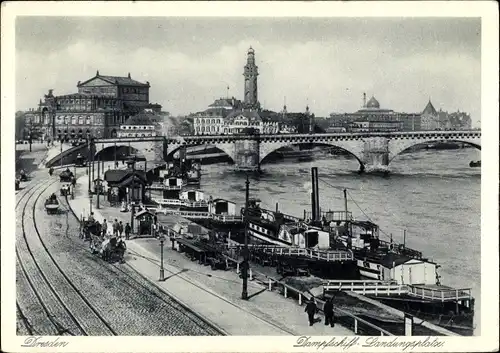 Ak Dresden Altstadt, Dampfschiff Landungsplätze, Elbufer, Augustusbrücke, Opernhaus