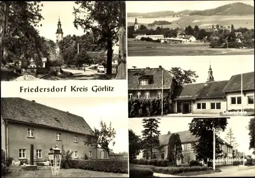 Ak Friedersdorf Markersdorf in Sachsen, Teilansichten, Kirche, Konsum-Gaststätte, Oberschule