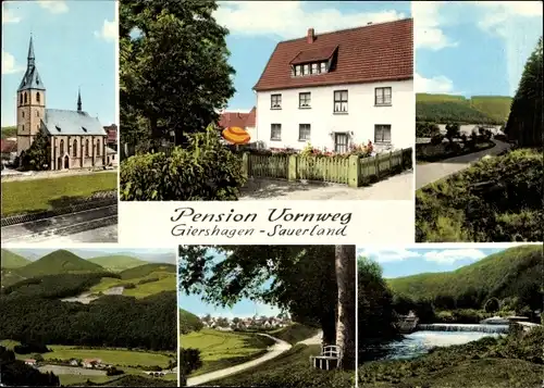 Ak Giershagen Marsberg im Sauerland, Pension Vornweg, Kirche, Landschaft