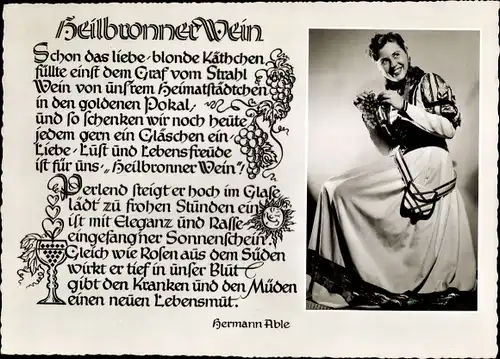 Gedicht Ak Heilbronn am Neckar, Portrait vom Kätchen in Tracht mit Weintrauben, Zeilen Hermann Able