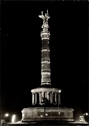 Ak Berlin Tiergarten, Siegessäule bei Nacht, Reklame Bürobedarf Erwin Roenspieß, Besuchsanzeige