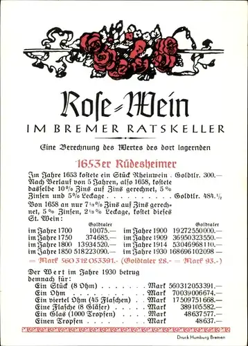 Ak Hansestadt Bremen, Rose Wein im Ratskeller, 1653 Rüdesheimer, Wertberechnung der gelagerten Weine