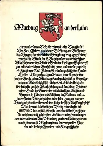 Ak Marburg an der Lahn, Wappen, Zeilen über den Ort