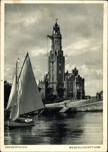 Ak Bremerhaven, Weserleuchtturm, Segelboot