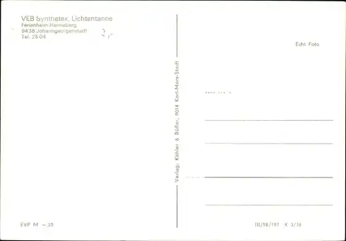 Ak Henneberg Johanngeorgenstadt im Erzgebirge, Ferienheim, VEB Synthedex Lichtentanne