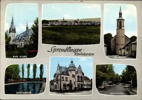 Ak Sprendlingen in Rheinhessen, Kirchen, Rathaus, Schwimmbad, Schulstraße, Ort