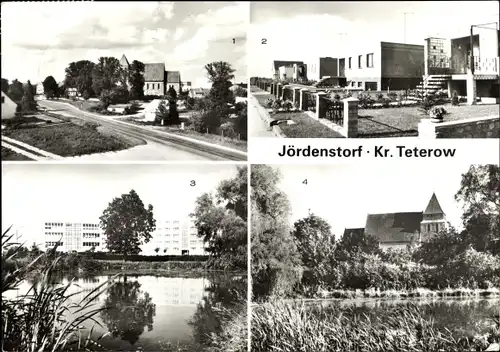 Ak Jördenstorf Teterow in Mecklenburg, Eigenheimsiedlung, Kirche, Teich, Berufsschule
