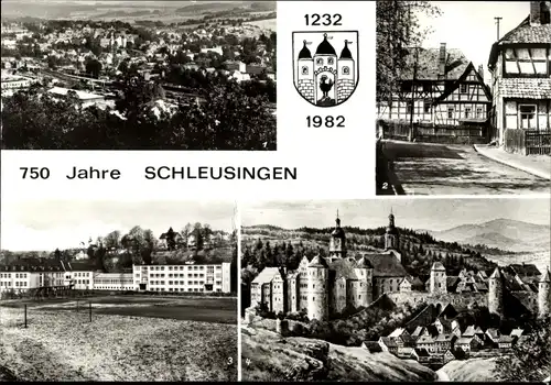 Ak Schleusingen in Thüringen, Panorama vom Ort, Wappen Stadtjubiläum 1982, Münzgasse, Schule