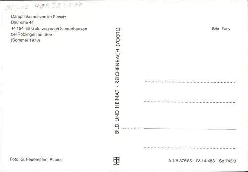 Ak Dampflok in Fahrt, Baureihe 44, 14 194 mit Güterzug, Windmühle Röblingen am See