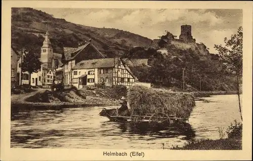 Ak Heimbach in der Eifel, Ochsenkarren im Fluss, Burgruine, Teilansicht