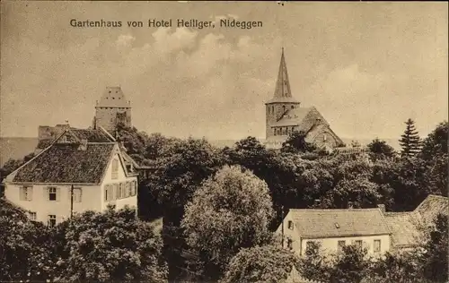 Ak Nideggen in der Eifel, Gartenhaus von Hotel Heiliger, Kirche