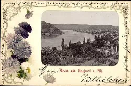 Passepartout Ak Boppard am Rhein, Blick auf den Ort, Blumen