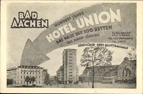 Ak Aachen in Nordrhein Westfalen, Union Hotel, Hauptbahnhof, Haus Grenzwacht