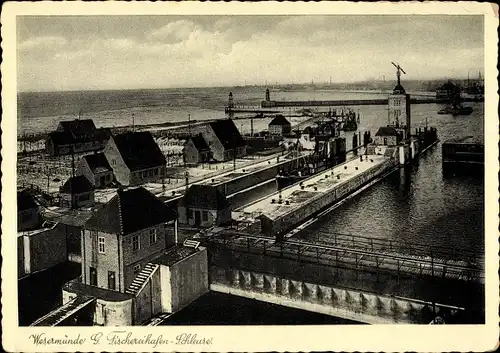 Ak Wesermünde Geestemünde Bremerhaven, Fischereihafen-Schleuse