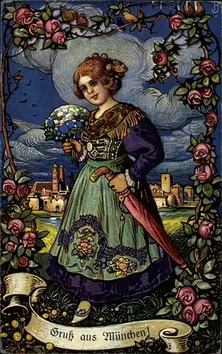Ak München Bayern, Dame mit Blumen vor der Stadt, Rosen, Regenschirm