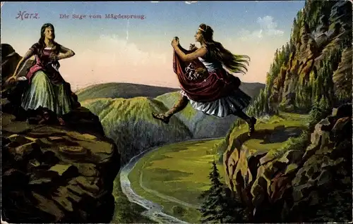 Ak Mägdesprung Harzgerode im Harz, Sage vom Mägdesprung, Felsen, Riesenjungfrau