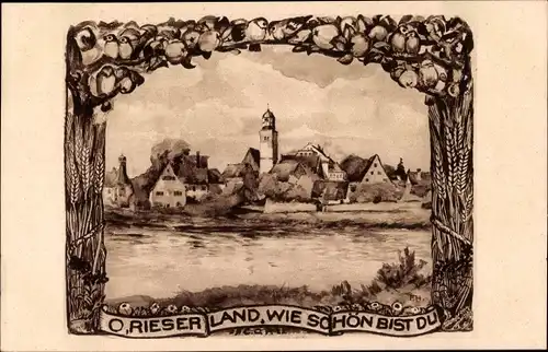 Künstler Ak Oettingen an der Wörnitz in Schwaben, O Rieser Land wie schön du bist, Blick auf Ort
