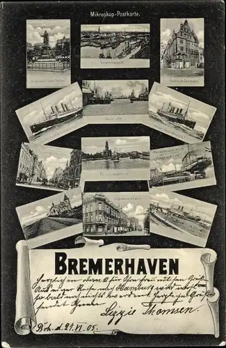 Ak Bremerhaven, Kaiserhafen, Denkmal Wilhelm d. Grosse, Schiffe, Straßenpartien
