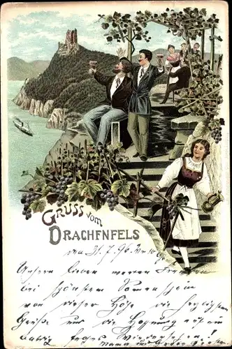 Litho Königswinter am Rhein, Drachenfels, Männer mit Wein, Frau in Tracht