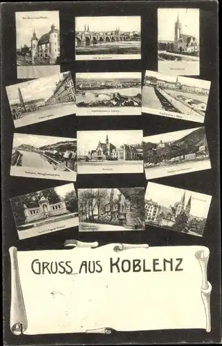 Ak Koblenz am Rhein, Brücke, Kirche, Denkmal, Marktplatz, Bahnhof