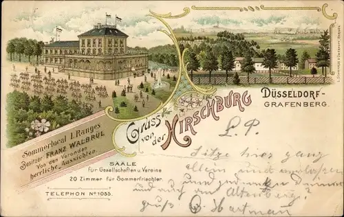 Litho Grafenberg Düsseldorf am Rhein, Sommerlokal Hirschburg, Gasthaus
