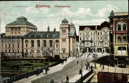 Ak Bydgoszcz Bromberg Westpreußen, Theaterplatz, Stadttheater